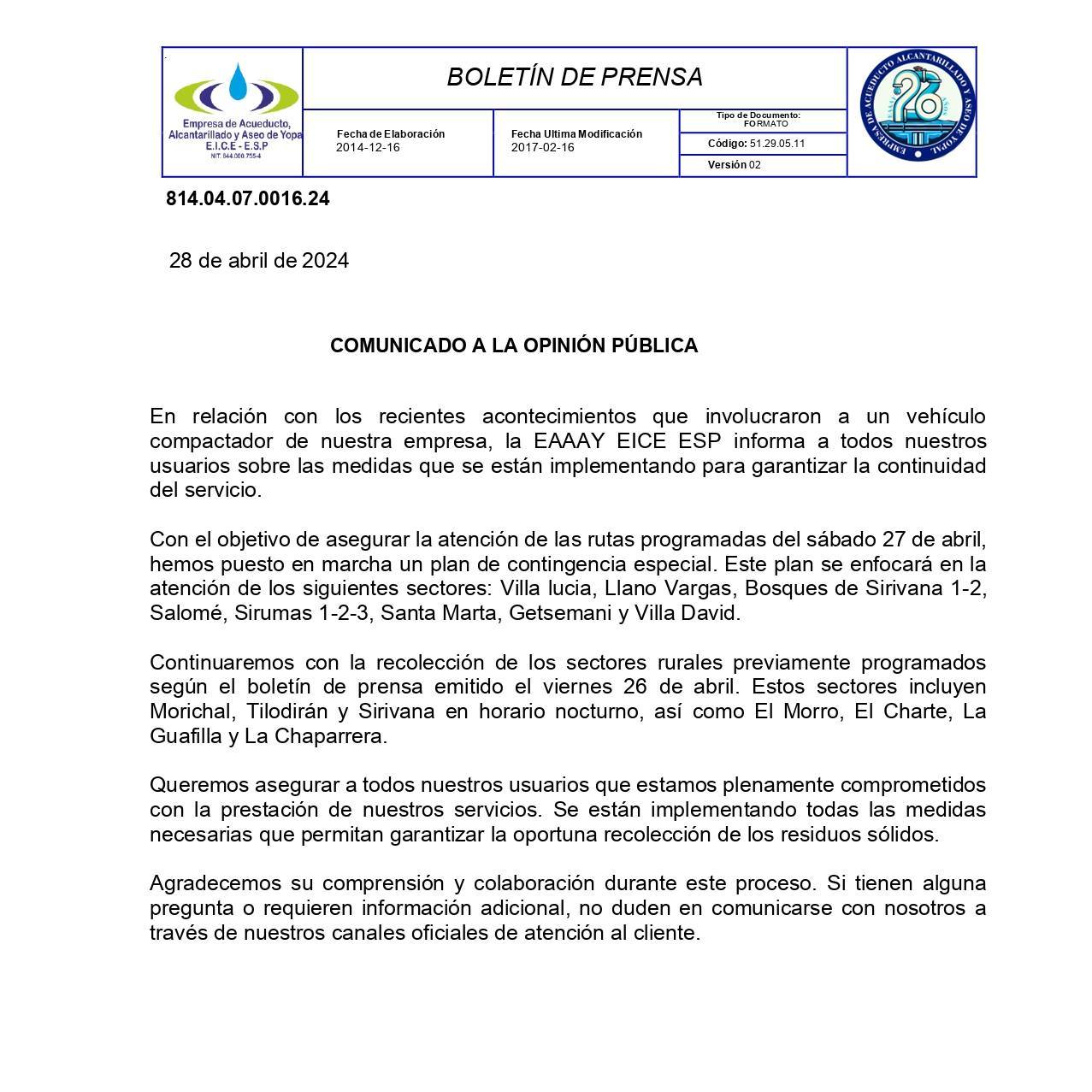 Implementación de Plan de Contingencia para Garantizar Continuidad del Servicio de Recolección de Residuos Sólidos